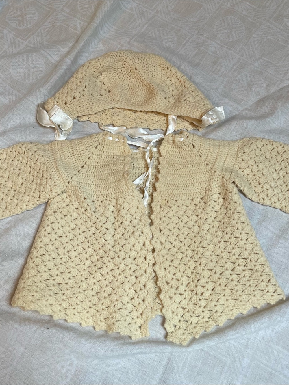 Vintage Hand-Crocheted Cream Baby Jacket & Bonnet Set